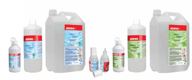 Das neue Hygiene-Sortiment von Kores: Hand- und Flächen-Desinfektionsmittel in verschiedenen Gebindegrößen. (Bild: Kores)