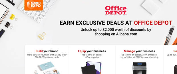 Aktuelle Startseite von „Office Depot on Alibaba.com“: Exklusive Angebote für die Zielgruppe KMU.