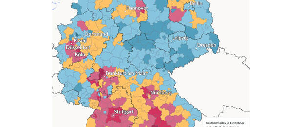 Ein Blick auf die regionale Verteilung der Kaufkraft in Deutschland eröffnet spannende Einblicke, wo Menschen mit besonders hohem Ausgabepotenzial leben. (Bild: GfK)