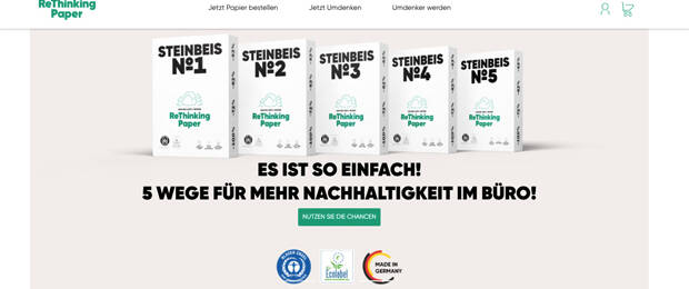 Neuer Webauftritt: Steinbeis Papier ermöglicht über ReThinkingPaper Direktbestellungen. (Bild: Screenshot Website)