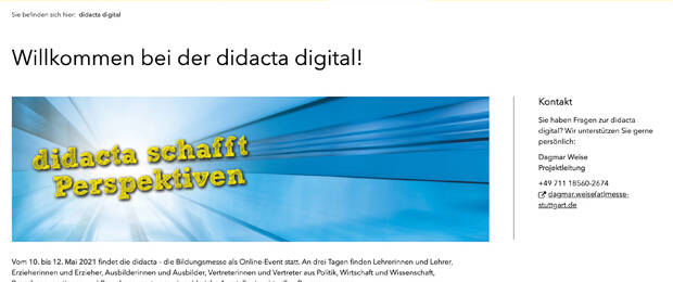 Die Online-Ausgabe der Bildungsmesse didacta feiert vom 10. bis 12. Mai 2021 Premiere. (Bild: Screenshot www.didacta.digital)