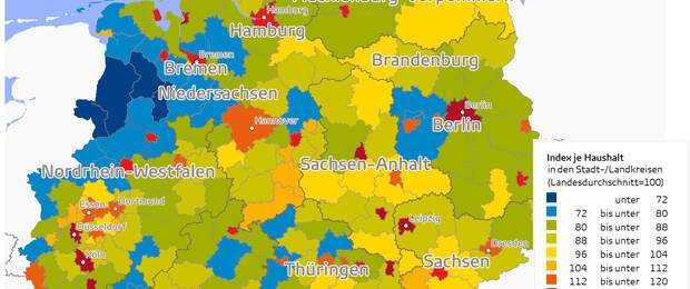Singlehaushalte in Deutschland, Abweichung vom Durchschnitt, indexiert (Grafik: GfK)