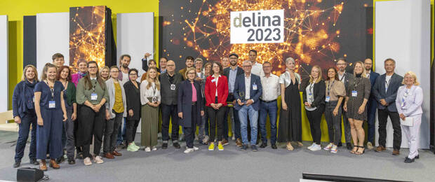 Die Gewinner des delina Awards 2023 bei der Preisverleihung auf der Learntec in Karlsruhe. (Bild: Messe Karlsruhe / Juergen Roesner)