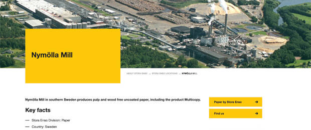 Werk Nymölla auf der Website von Stora Enso: effizientere Produktion der Multicopy-Papiere (Bild: Screenshot Website)