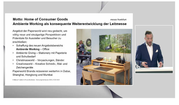 Philipp Ferger, Bereichsleiter Consumer Goods Fairs: „Wir sprechen nicht vom Verschwinden der Paperworld, sondern geben der Branche ein neues Zuhause." (Bild Screenshot)