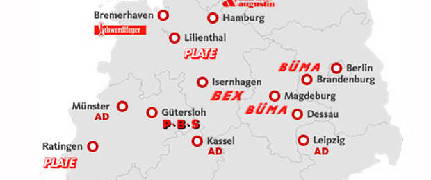 Die Plate-Firmengruppe ist in Norddeutschland mit mehreren Standorten vertreten, und über den Außendienst in ganz Deutschland aktiv. (Grafik: Plate)