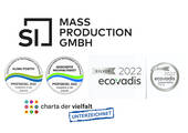 Die vier Gütesiegel rund um die Themen Nachhaltigkeit, Diversity sowie Lieferketten, die SI Mass Production aktuell führt